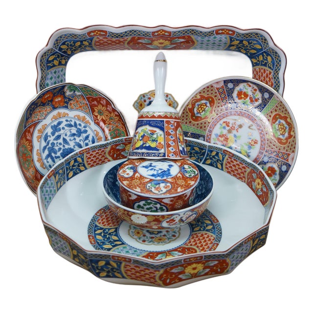 Mid 20th Century Japanese Imari Porcelain Serving Plates Platters Bowl Bell & Box - 7 Piece Lot For Sale