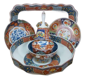 Mid 20th Century Japanese Imari Porcelain Serving Plates Platters Bowl Bell & Box - 7 Piece Lot