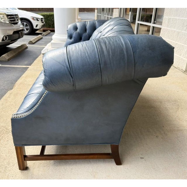 Vintage Blue Leather Camelback Chesterfield Sofa For Sale - Image 4 of 18