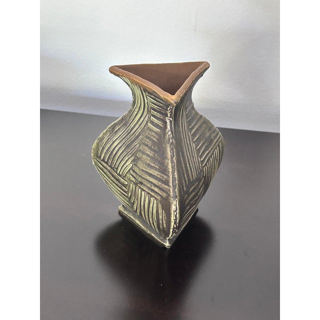 Ceramic Gary DiPasquale, Postmodern Slip-Cast Stoneware Bud Vase, Geometric 3-Sided Flared Triangular - Olive Green For Sale - Image 7 of 11