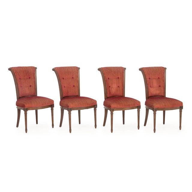 Set of Four Louis XVI Style Button-Tufted Upholstered Dining Chairs, with striped red velvet upholstery. 37" H x 21" W x...
