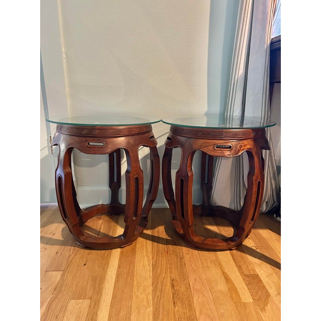 Mid 20th Century Vintage Chinoiserie Hardwood Drum Stools or Tables With Marble and Glass Tops - A Pair For Sale - Image 10 of 10