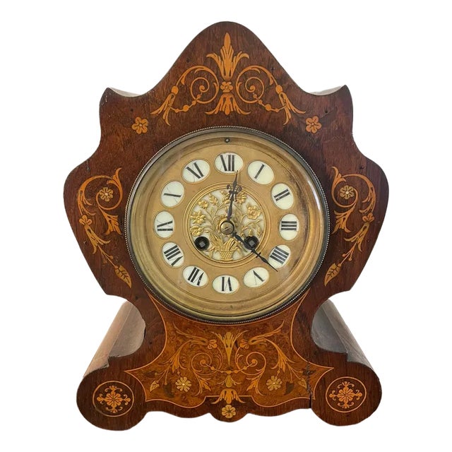 Antique 19th Century French Rosewood Marquetry Inlaid Eight Day Mantel Clock For Sale