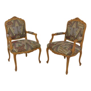 Pair French Louis XV Style Upholstered Armchairs For Sale