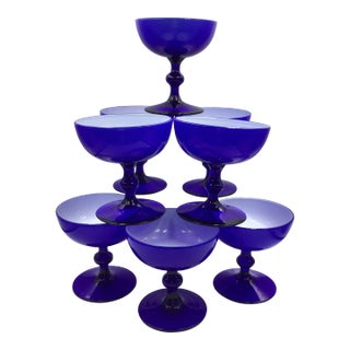 Carlo Moretti Italy Cobalt Blue Cased Glass Champagne Coupes Glasses - Set of 8 For Sale