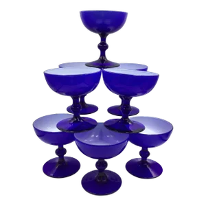 Carlo Moretti Italy Cobalt Blue Cased Glass Champagne Coupes Glasses - Set of 8