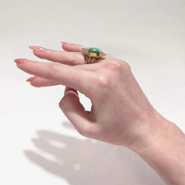 14k Gold & Turquoise Cabochon Mid-Century Modern Cocktail Ring For Sale - Image 9 of 9