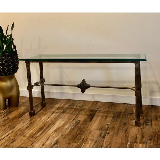 Vintage Patina Bronze Metal Console Side Table With Thick Beveled Glass Top For Sale - Image 9 of 12