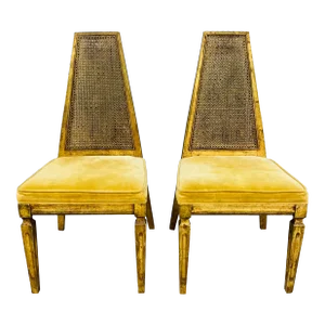 Hollywood Regency Cane and Velvet Gold Side Chairs - a Pair