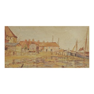 Early 20th Century Tonal Seaside Harbor Village Watercolor Painting For Sale