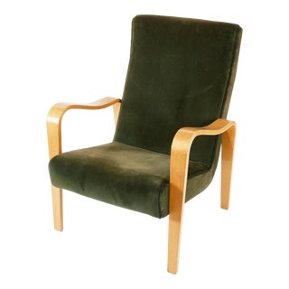 Mid Century Modern Velvet Lounge Chair in the Style of Thonet For Sale