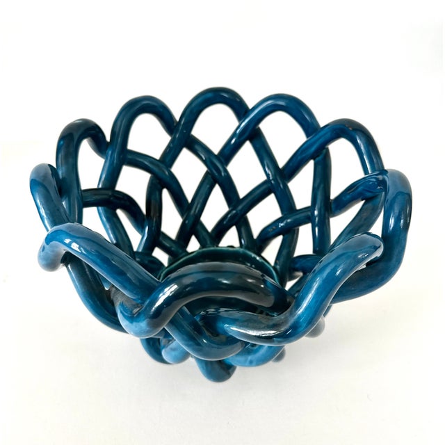 1960s Hand Crafted Cerluean Blue Twisted Pottery Bowl For Sale - Image 5 of 16