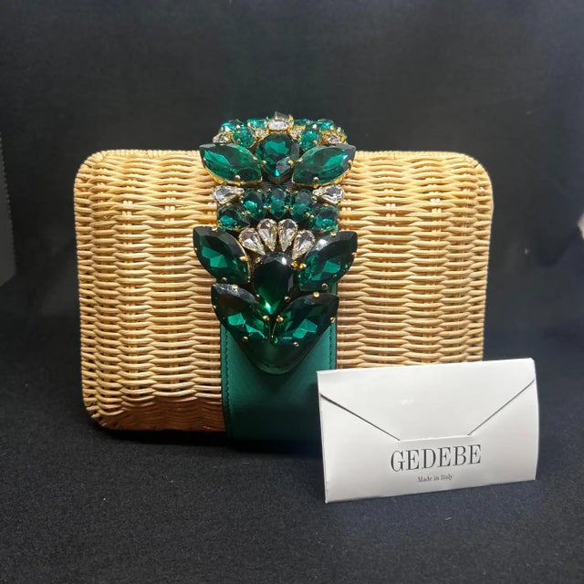 An Amazing Woven Rattan Clutch Bag With Green Crystal Made by Gedebe For Sale - Image 9 of 11