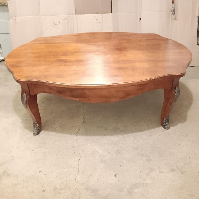 Vintage Solid Wood French Style Oval Coffee Table With Bronze Leaf Accents For Sale - Image 11 of 14