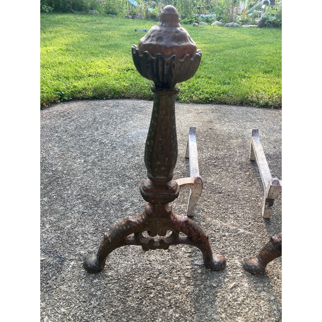 Unusual very heavy ball andirons. They have very nice aged patina.
