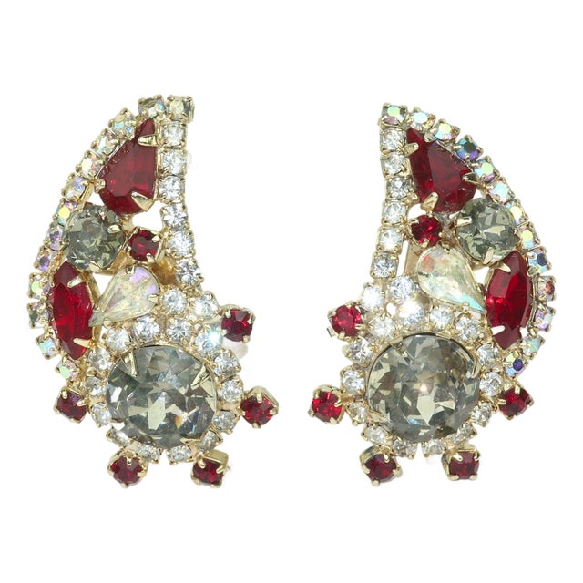 Hobé Paisley Style Ruby Red Rhinestone Earrings, 1950's For Sale