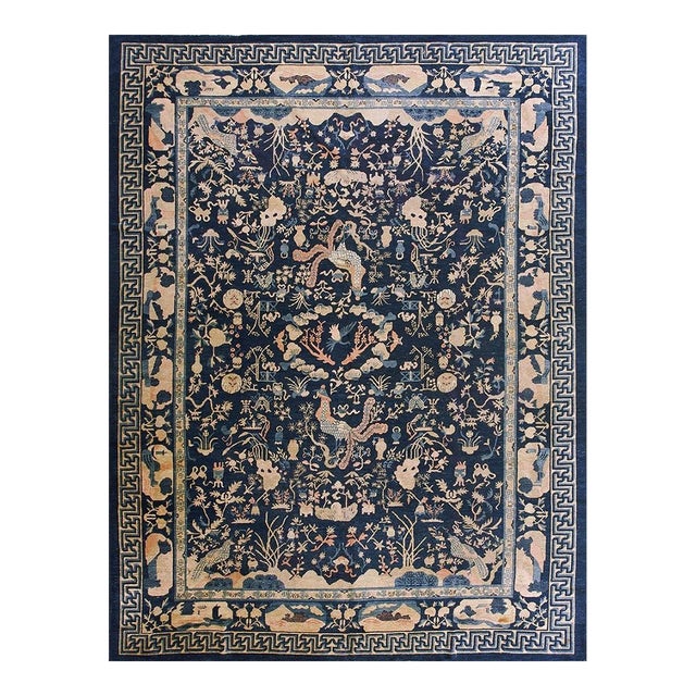 1930s Chinese Peking Knotted Wool Room Size Antique Rectangle Blue Greek Key Rug For Sale