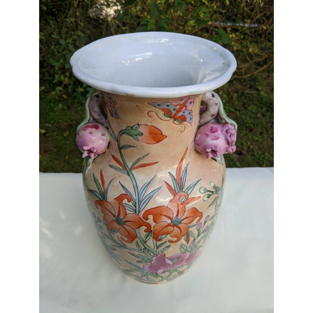 Vintage Chinese Ceramic Vase W/Butterflies, Flowers & Pomegranate Fruit Handles For Sale - Image 9 of 12