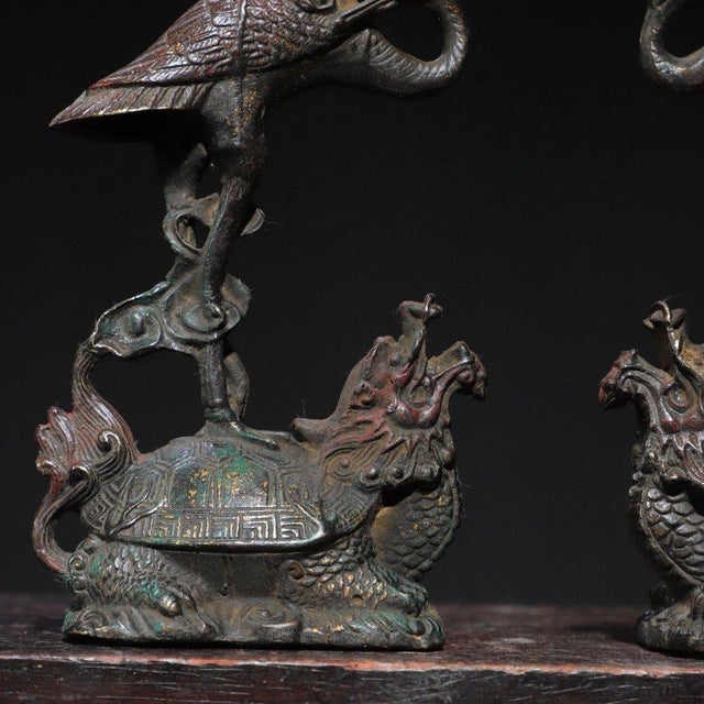 Late 19th Century Pair of Gilt Bronze Crane & Turtle Candle Holders - "Turtle & Crane Longevity" For Sale - Image 4 of 9
