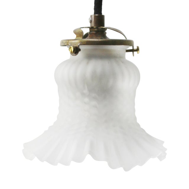 French White Frosted Glass and Brass Pendant Lamp For Sale