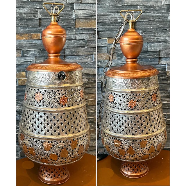 Vintage Silver Copper Toned Floral Perforated Metal Urn Pendant Lamp For Sale - Image 9 of 13