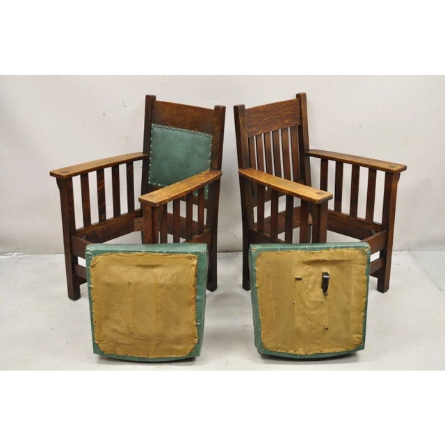 Wood Early 1900s Mission Oak Arts & Crafts Stickley Jm Young Style Lounge Arm Chairs Green - Pair For Sale - Image 7 of 12