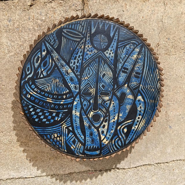 For your consideration, a 1970s modern artistic blue tambourine in goatskin pottery and wood wall art, signed by Jospeh...