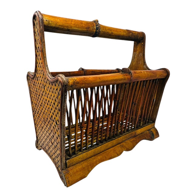 Vintage 80s Bamboo & Rattan Magazine Rack | Mid-Century Boho Decor | Record Holder | Natural Wood Storage Basket For Sale - Image 4 of 13