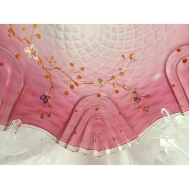 Late 19th Century Bohemian Victorian Art Glass Pink Cranberry Satin Glass Bride's Bowl with Diamond Optic Quilting Enameled Flowers For Sale - Image 9 of 13