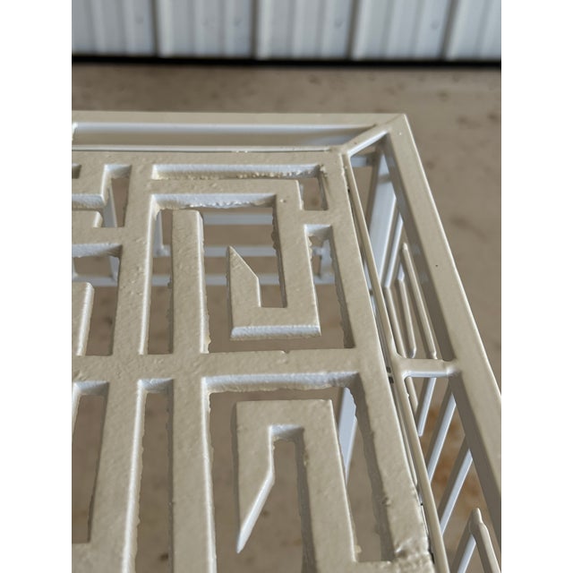 Metal Pair of Vintage Coastal Regency Greek Key Plant Stands For Sale - Image 7 of 12