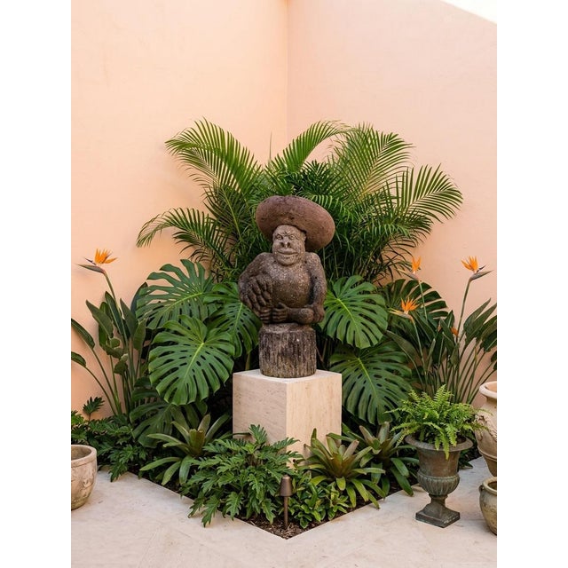 Vintage Hand-Carved Volcanic Stone Whimsical Monkey With Sombrero & Bananas Garden Statue For Sale - Image 9 of 12