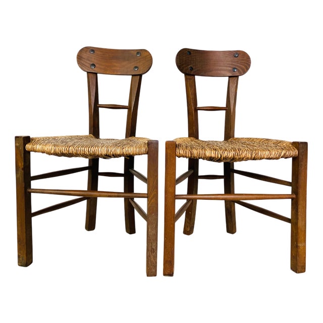 Vintage Brutalist Chairs in Wood and Straw, 1950s-1970s, Set of 2 For Sale