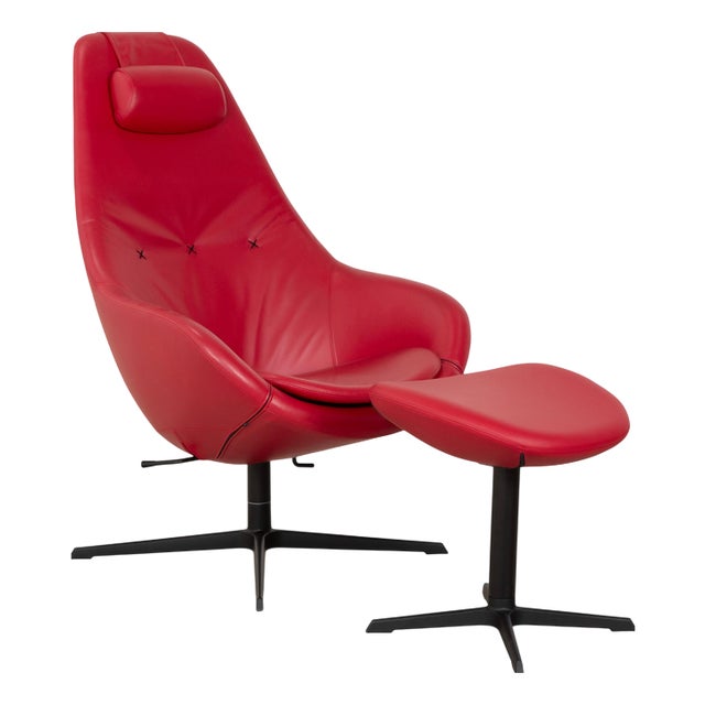 Set of Cocoon Armchair and Ottoman in Red Leather from Varier For Sale