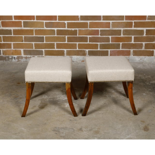 Pair of English 19th Century Oak Stools with Saber Legs and Custom Upholstery For Sale - Image 9 of 12