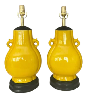 1950s Japanese Asian Bright Yellow Porcelain Table Lamps - a Pair