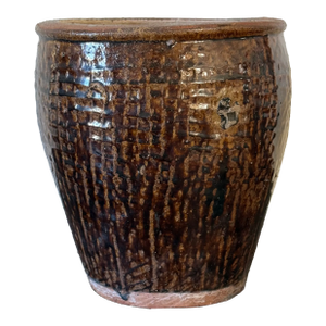 Mid-Century Hand Thrown Rustic Ceramic Planter in Textured Brown Glaze