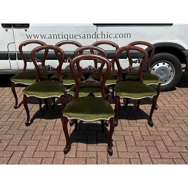 8 Balloon Back Mahogany Dining Chairs. Sizes :- 88.5 cms tall, 48 cms widest point . There are signs of wear as you would...
