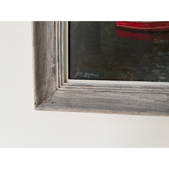 1960s Mid Century Impressionist Lake – Red Canoe Oil on Masonite Board, Framed For Sale - Image 12 of 13