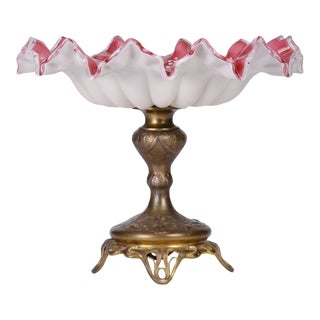 1890's Hand Painted Floral Brides Basket on Brass Base For Sale