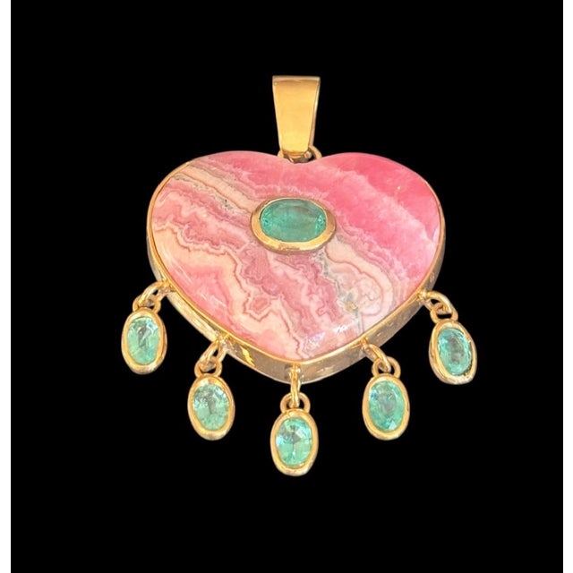 Pink Large Rhodochrosite Heart Pendant With Emeralds & 14k Gold For Sale - Image 8 of 14
