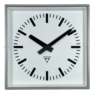 Industrial Grey Square Wall Clock from Pragotron, 1980s For Sale