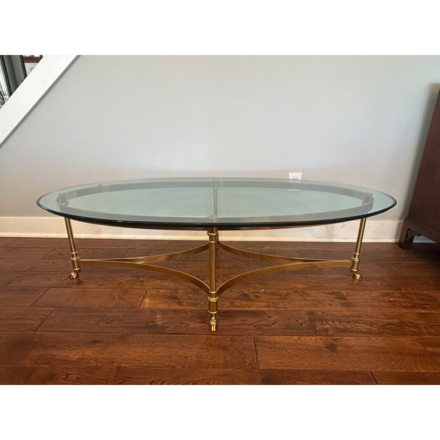 LaBarge Mid-Century Modern Oval Brass & Glass Coffee Table With Hoof Feet For Sale - Image 11 of 14