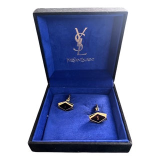 Rare YVES SAINT LAURENT "YSL" Gold Plate Cufflinks In Original Blue Velvet Case For Sale