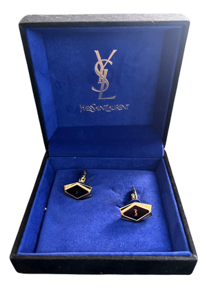 Rare YVES SAINT LAURENT "YSL" Gold Plate Cufflinks In Original Blue Velvet Case