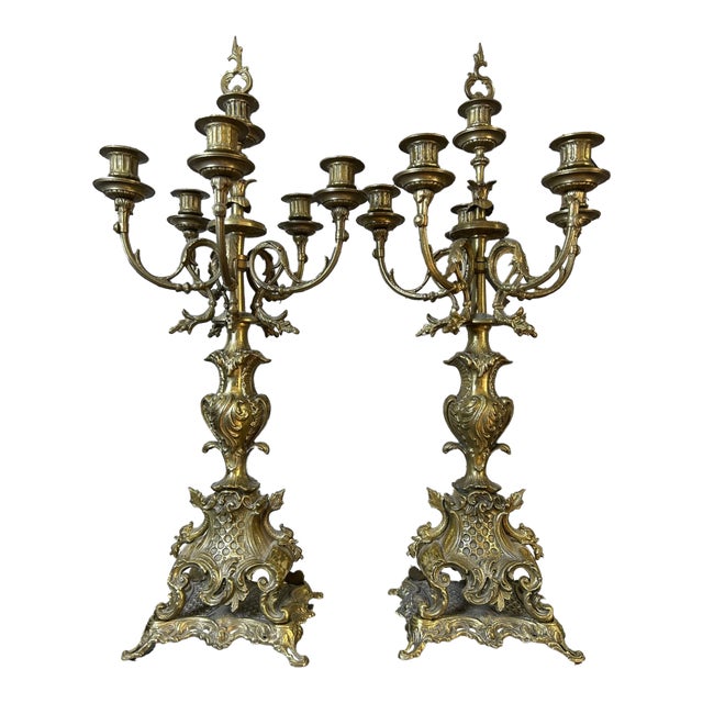 Pair of Grand Scale Brass Rococo Revival Six-Light Candelabra, 28"h For Sale