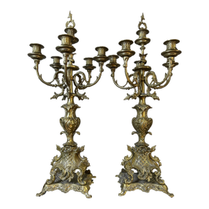 Pair of Grand Scale Brass Rococo Revival Six-Light Candelabra, 28"h