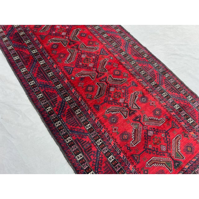 Islamic 3'10" X 7'10" Vintage Afghan Hand-Knotted Baluchi Rug, Red Tribal Geometric Kitchen Rug For Sale - Image 3 of 12