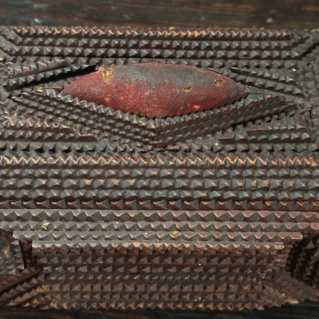 Antique Late 19th C. Tramp Art Box With Red Velvet Pincushion For Sale - Image 11 of 12