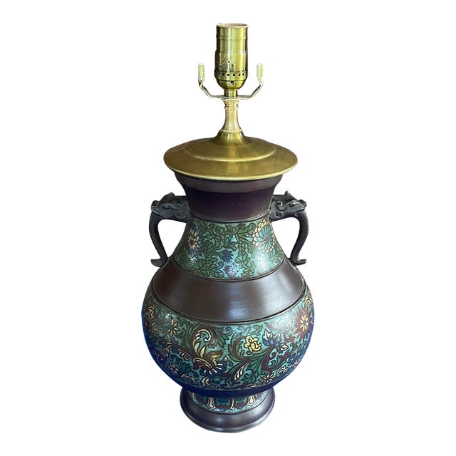 Antique Japanese Champleve Enameled Vase Foo Dog Handles Lamp W/ Lucite Base For Sale