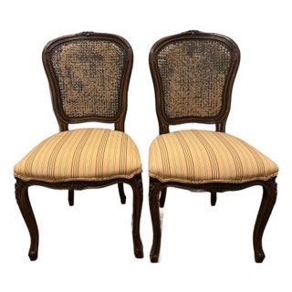 Pair of Antique French Louis XV–Style Caned Side Chairs, Upholstered Seat For Sale